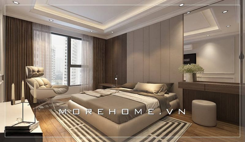 Mẫu giường ngủ chung cư bọc da hiện đại, gam màu be nhẹ nhàng, tinh tế kết hợp với nội thất khác tạo nên một không gian nghỉ ngơi vô cùng hoàn hảo